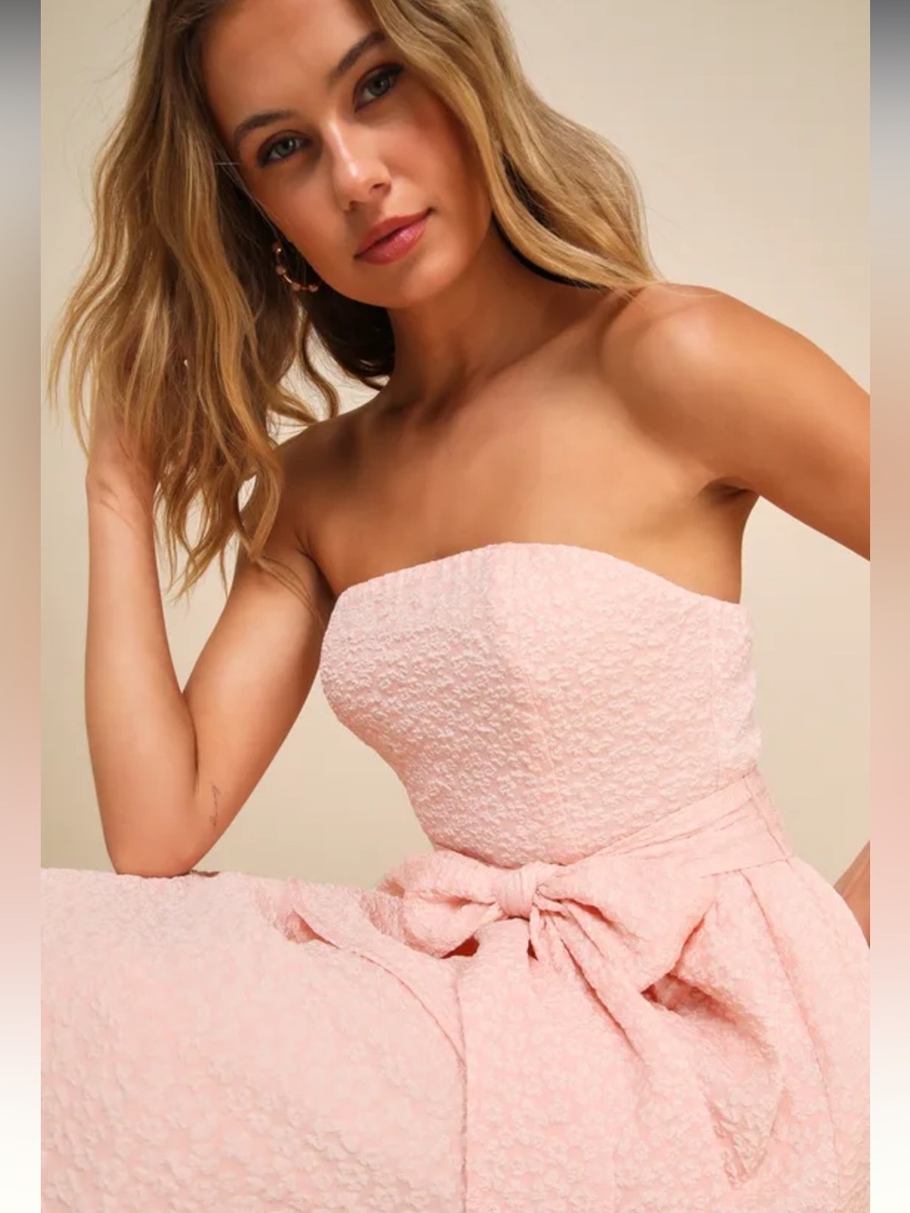 Lulus Truly Marvelous Blush Pink Jacquard Strapless Tiered Midi Dress Size XL - Picture 6 of 7